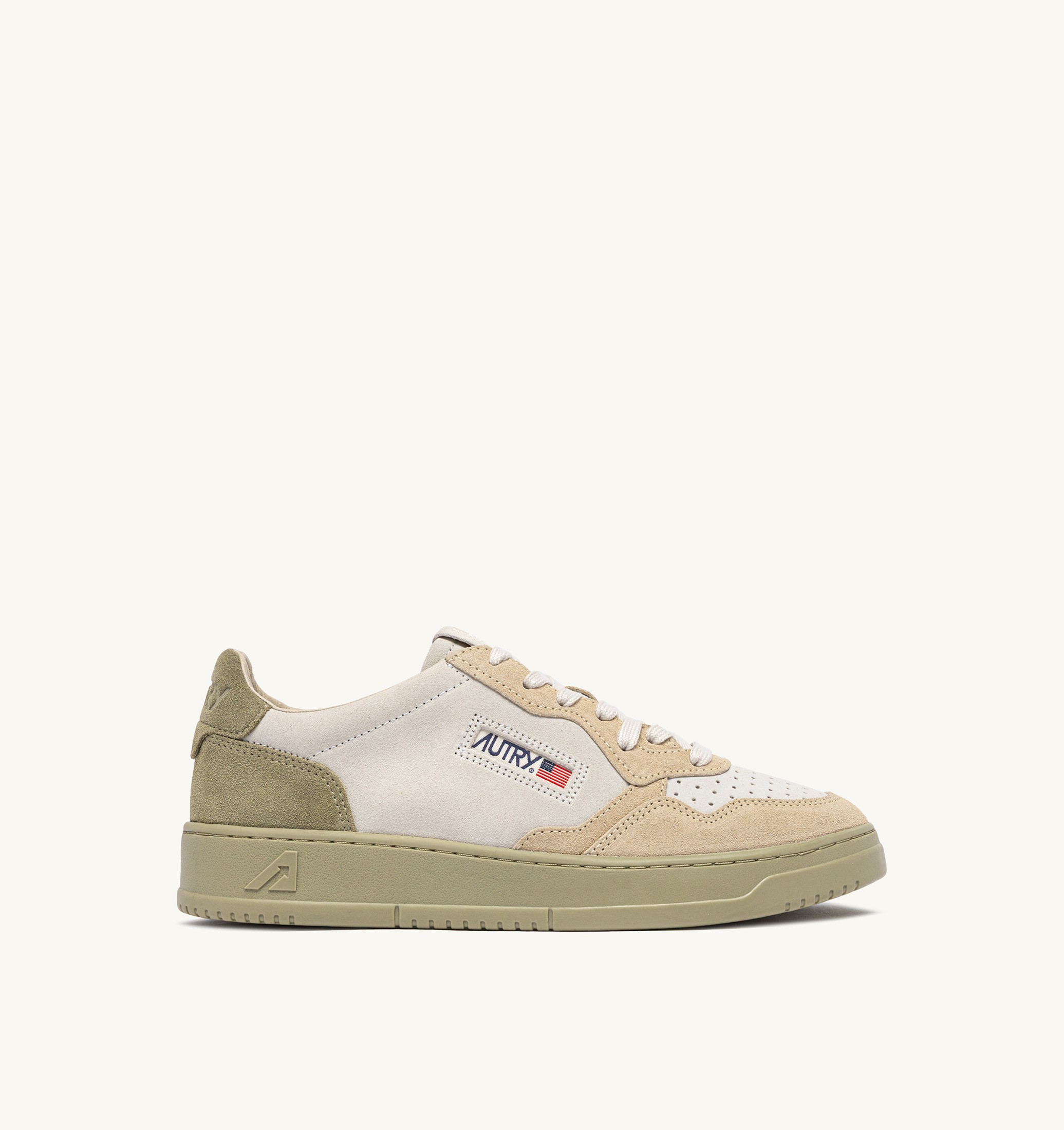 BASKETS MEDALIST LOW TRICOLORE EN DAIM BLANC SAND ET GREY GREEN