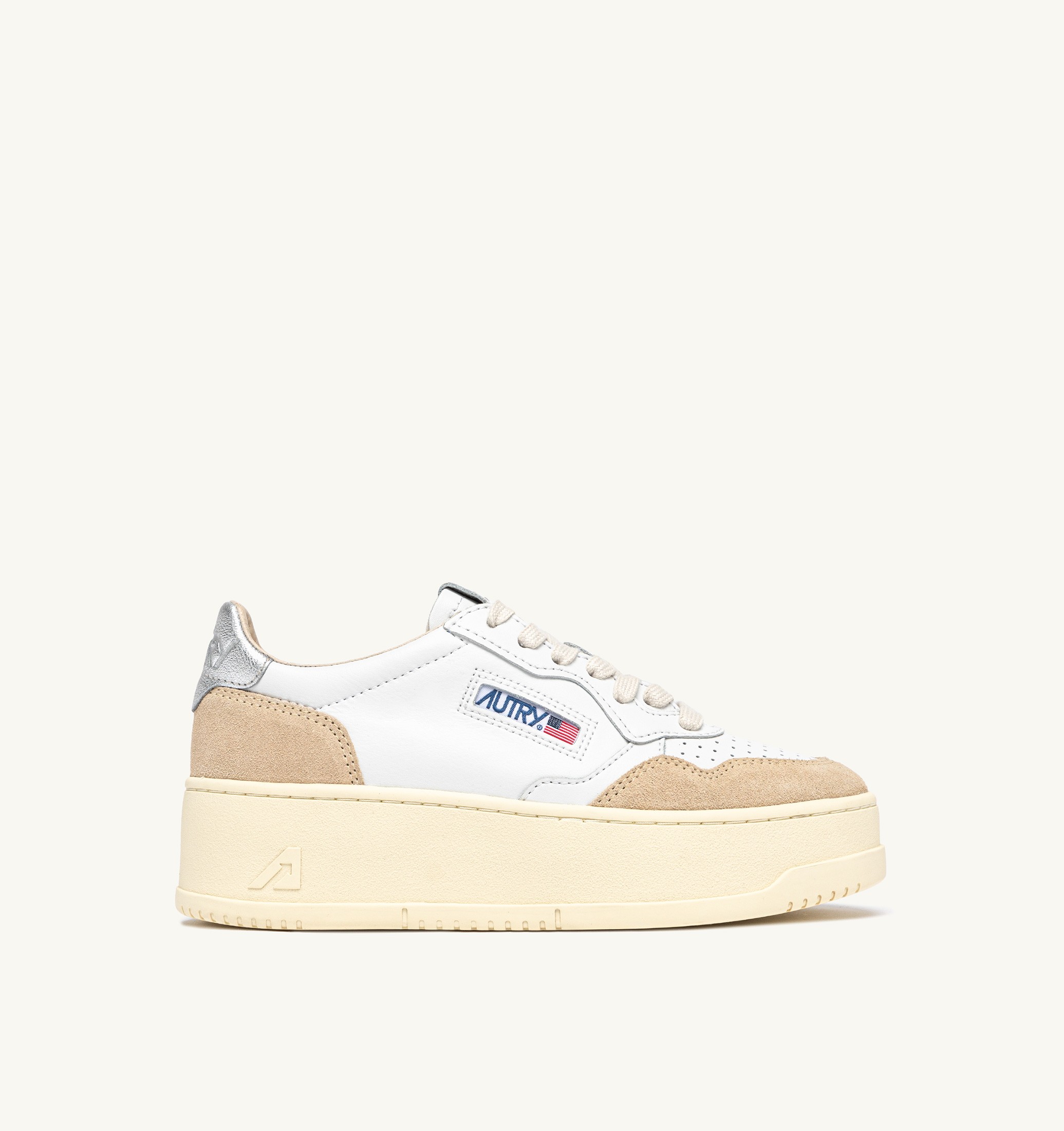 BASKETS MEDALIST PLATFORM EN DAIM ET CUIR ARGENT ET BLANC
